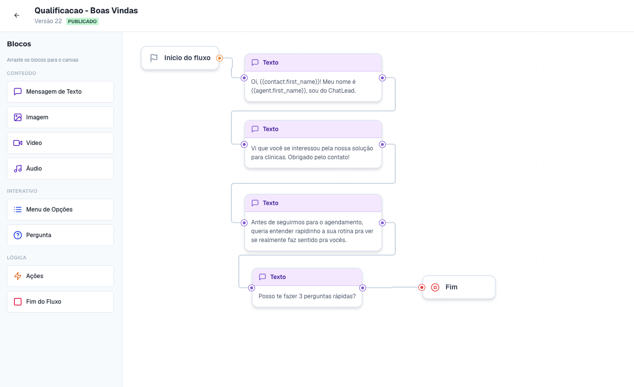 Automações do ChatLead com editor visual de fluxos