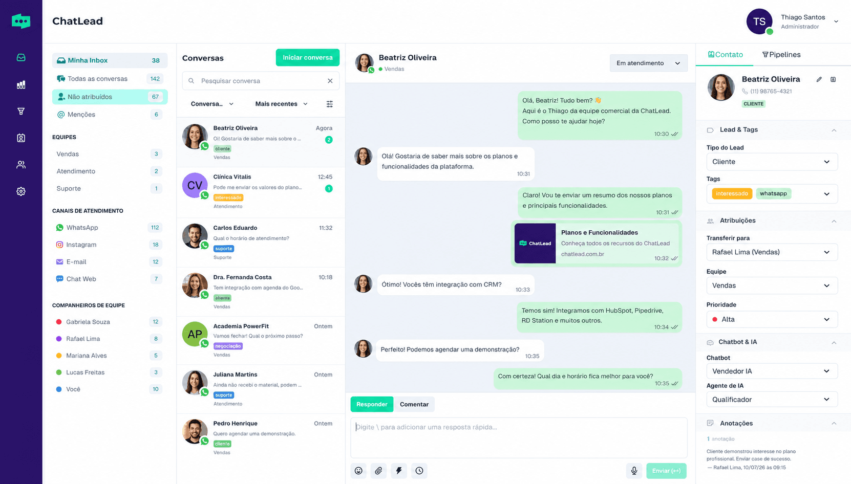 Caixa de entrada unificada do ChatLead com conversas de pacientes no WhatsApp