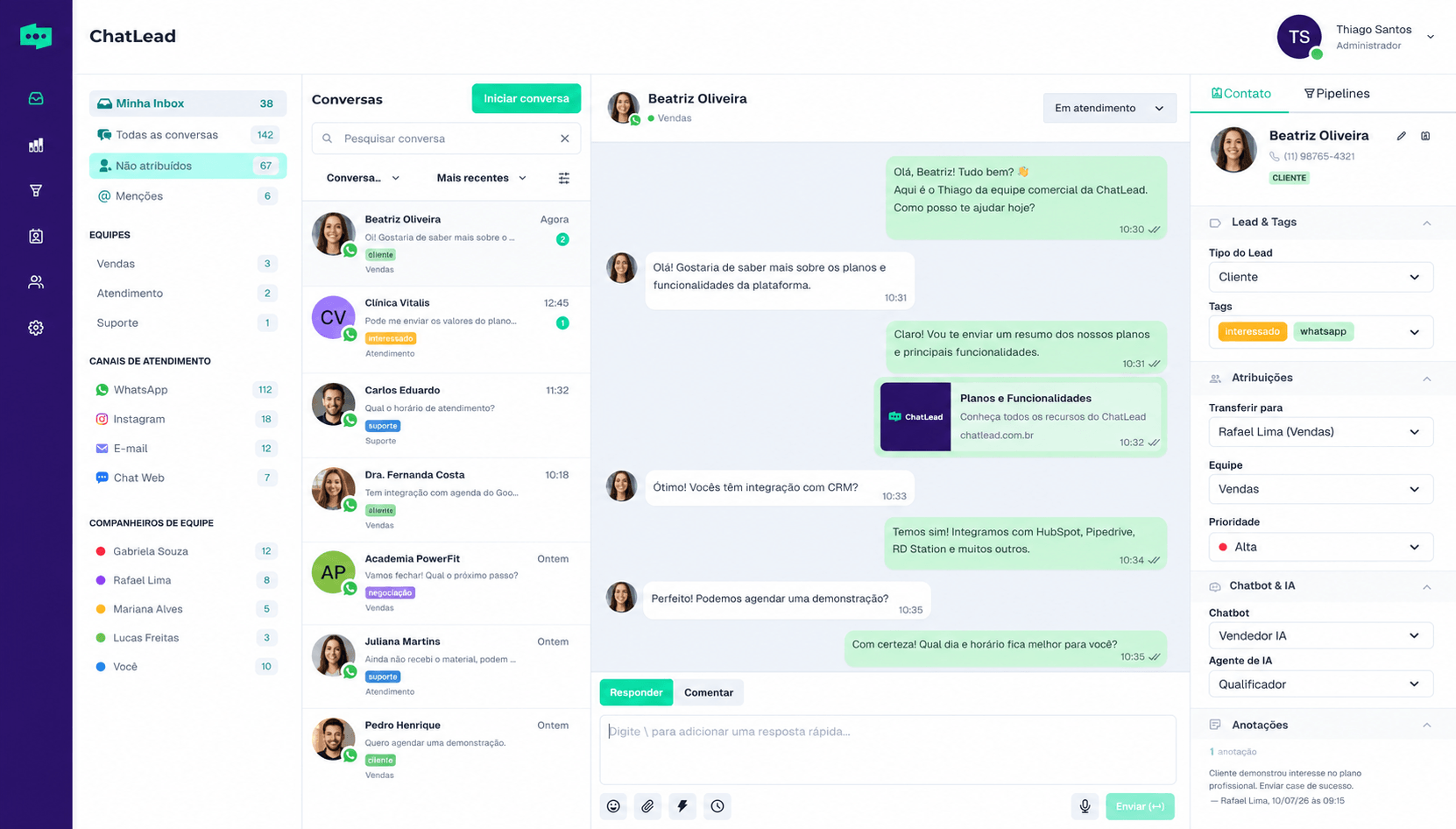 Caixa de entrada do ChatLead com conversas do WhatsApp, funil e agente de IA